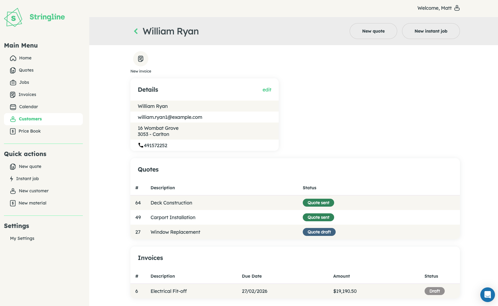 Stringline customer profile — full quote and invoice history at a glance