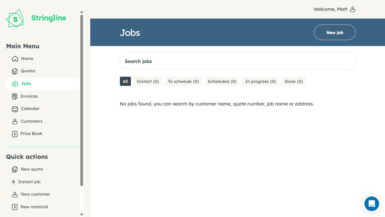 Stringline Jobs — daily schedule view with team assignment