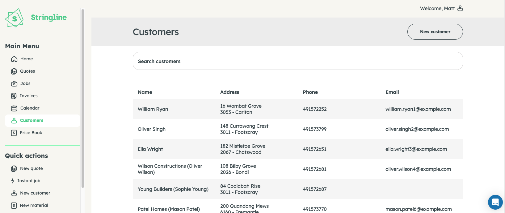 Stringline Customers — searchable customer list with addresses and contact details
