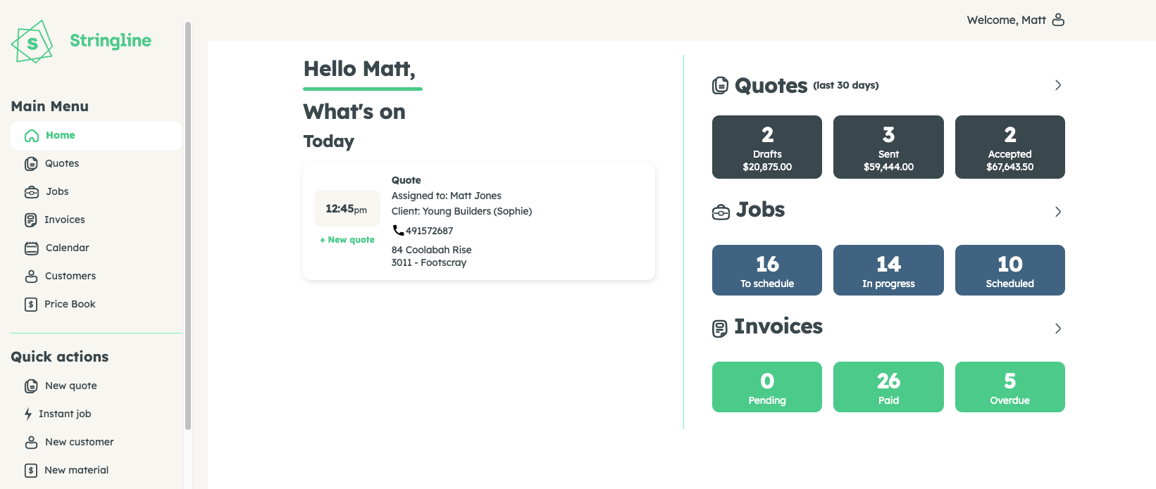 Stringline Home — job, quote, and invoice overview dashboard