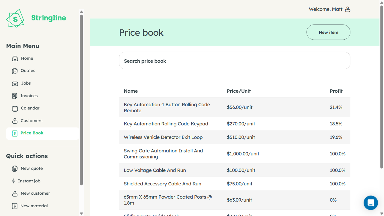 Stringline Price Book — saved items with pricing and margins