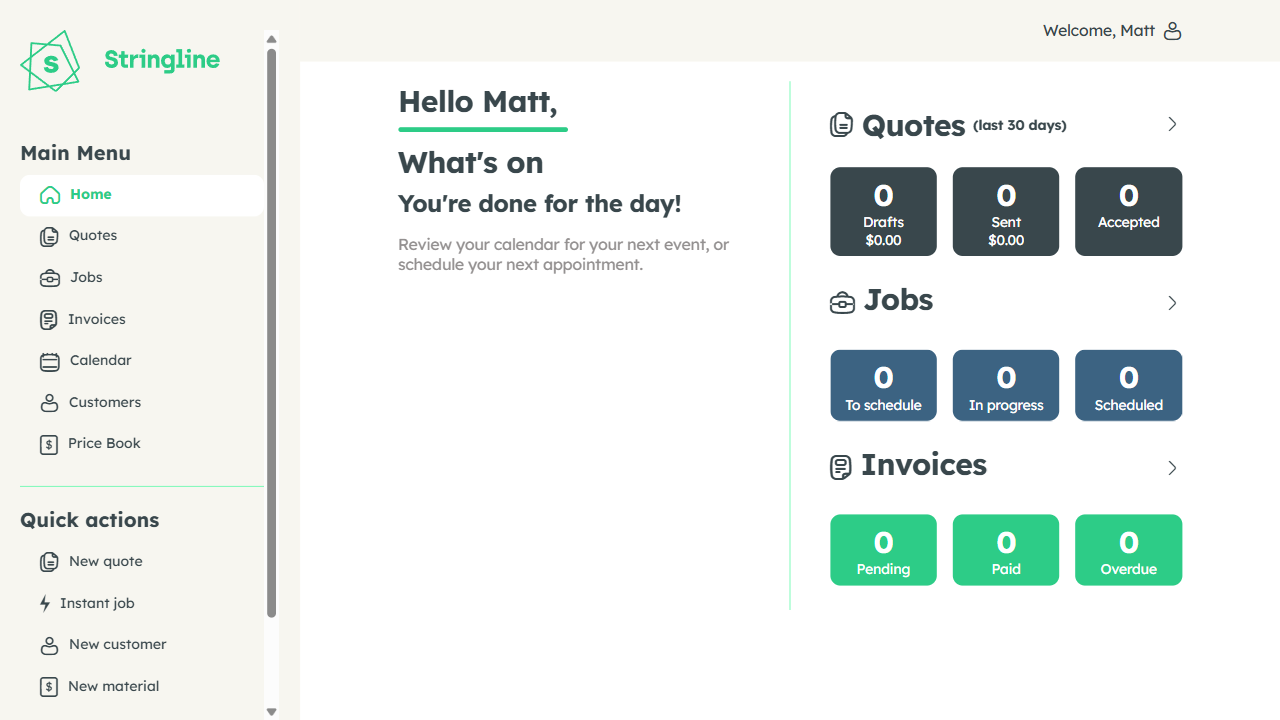 Stringline Schedule — weekly calendar showing all team jobs