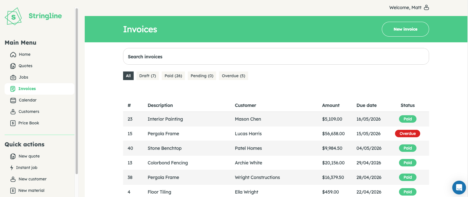 Stringline Invoices — invoice list with amounts, due dates, and paid/overdue status