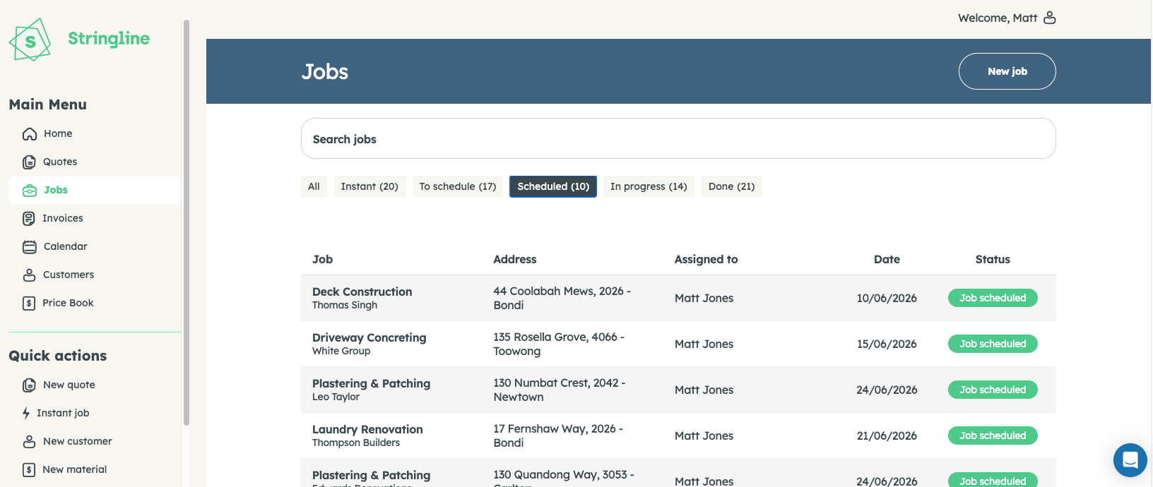 Stringline Jobs — team-assigned job list with status and schedule