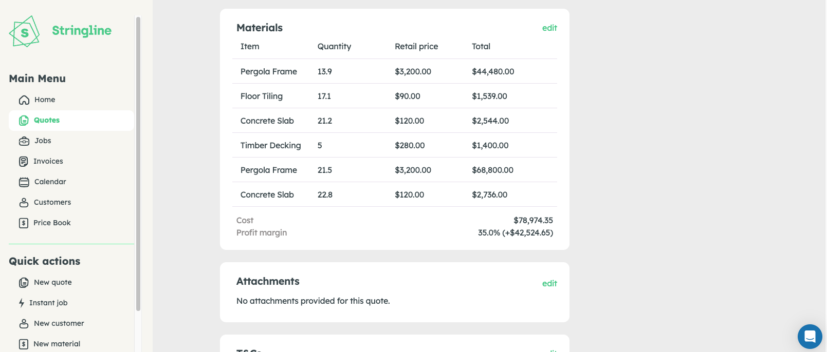Stringline quote — itemised materials with quantities, retail pricing and profit margin