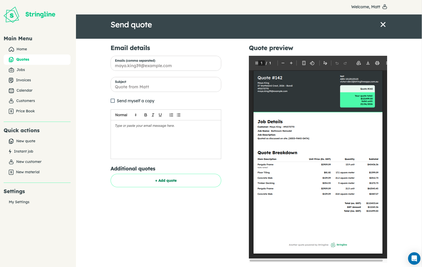 Stringline — review the quote total and send it to the customer