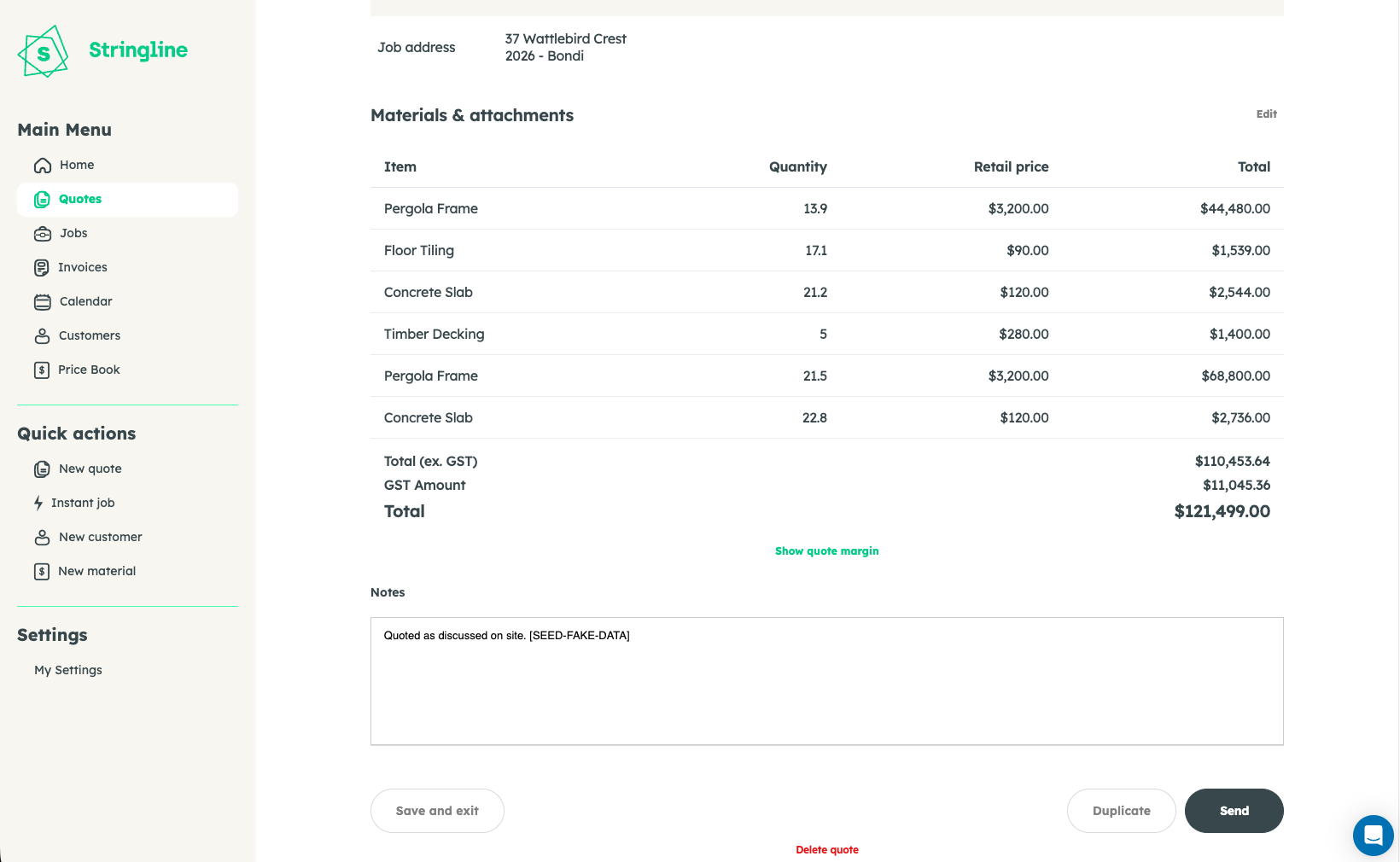 Stringline quote — line items, GST and total ready to send